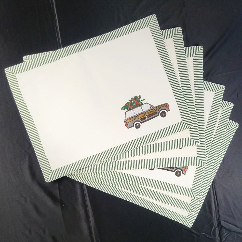 Set of 6 Christmas Tree Station Wagon Holiday Placemats Cloth Green Striped